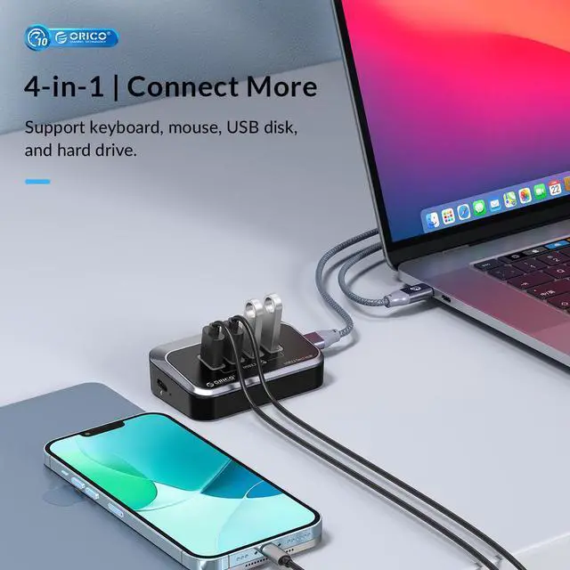 Alt view image 3 of 7 - ORICO 10Gbps USB 3.2 Gen 2 Hub, 4-Port (2 USB-A + 2 USB-C) Splitter with 1.64ft Cable & Adapter for Mac/PC