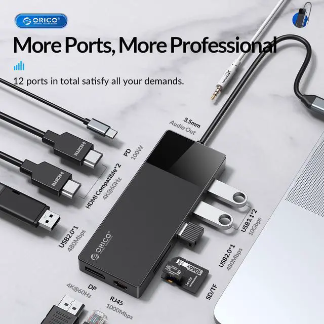 Alt view image 3 of 6 - ORICO USB C HUB 12 in 1 USB3.1 10Gbps USB-C HUB PD100W 4K@60Hz HDMI DP, Dual HDMI-compatible USB3.0 OTG Adapter SD/TF Dock for MacBook Air PC