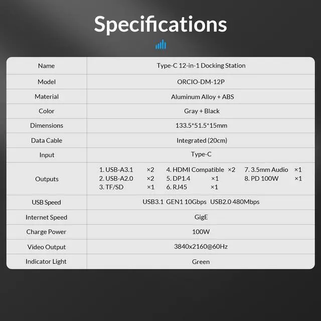 Alt view image 6 of 6 - ORICO USB C HUB 12 in 1 USB3.1 10Gbps USB-C HUB PD100W 4K@60Hz HDMI DP, Dual HDMI-compatible USB3.0 OTG Adapter SD/TF Dock for MacBook Air PC