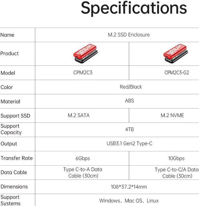 Alt view image 7 of 7 - ORICO M.2 SATA SSD Enclsoure USB3.1 Gen2 Type C 6Gbps M.2 B-Key/M+B-Key NGFF Solid State Drive Case With A to C Cable Red
