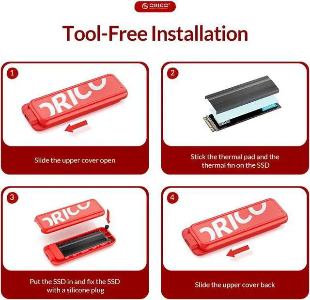 Alt view image 5 of 7 - ORICO M.2 SATA SSD Enclsoure USB3.1 Gen2 Type C 6Gbps M.2 B-Key/M+B-Key NGFF Solid State Drive Case With A to C Cable Red