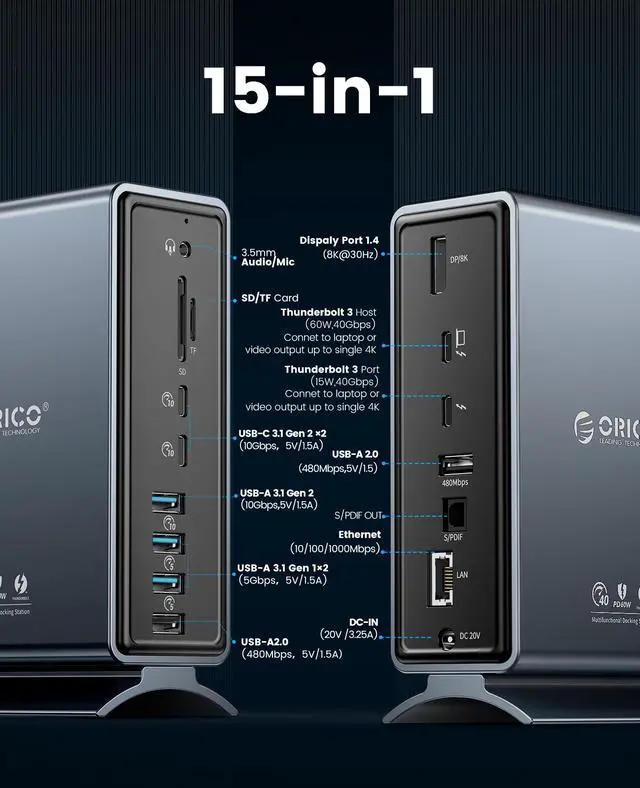 Alt view image 2 of 7 - Thunderbolt 3 Docking Station, ORICO 15 in 1 Thunderbolt 3 Dock with Single 8K & Dual 4K Display, DP1.4, 3 USB 10Gbps, Optical Out, SD/TF, Audio, RJ45 for Thunderbolt 3, USB-C Windows/Mac(Grey)