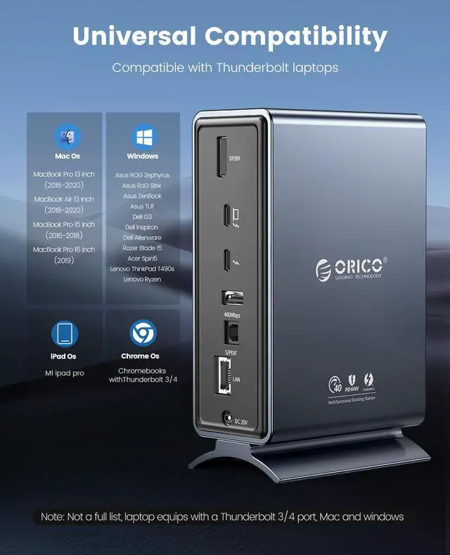 Alt view image 6 of 7 - Thunderbolt 3 Docking Station, ORICO 15 in 1 Thunderbolt 3 Dock with Single 8K & Dual 4K Display, DP1.4, 3 USB 10Gbps, Optical Out, SD/TF, Audio, RJ45 for Thunderbolt 3, USB-C Windows/Mac(Grey)