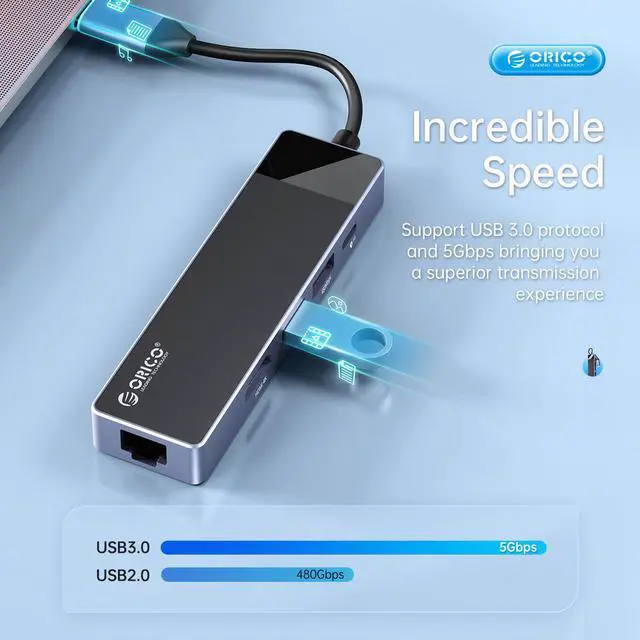 Alt view image 3 of 6 - ORICO USB C HUB , 9 in 1 USB3.0 5Gbps USB-C HUB PD100W 4K@30Hz HDMI-Compatible Dock for MacBook Air PC