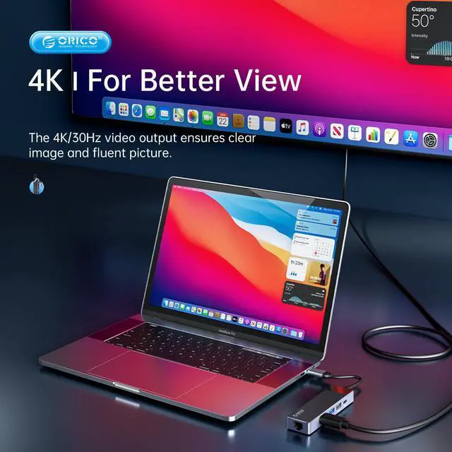 Alt view image 4 of 6 - ORICO USB C HUB , 9 in 1 USB3.0 5Gbps USB-C HUB PD100W 4K@30Hz HDMI-Compatible Dock for MacBook Air PC