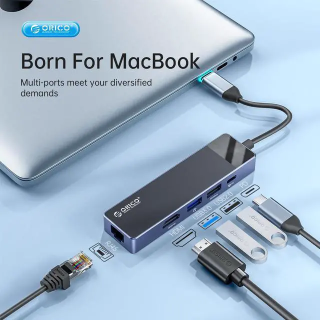 Alt view image 2 of 7 - USB C HUB,  ORICO 5 in 1 USB3.0 5Gbps USB-C HUB PD100W 4K@30Hz HDMI-Compatible VGA for MacBook Air PC