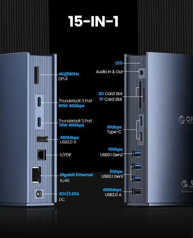 Alt view image 3 of 7 - OPENED ORICO Thunderbolt 3 Dock- 60W PD Charging, 15 in1 Docking 4K@60Hz Display, Thunderbolt 3x 2 Port up to 40Gbps, USB Cx2, USB3.0x2, USB2.0x2, S/PDIFx1, Gigabit Ethernet x1, Audio, Mic,