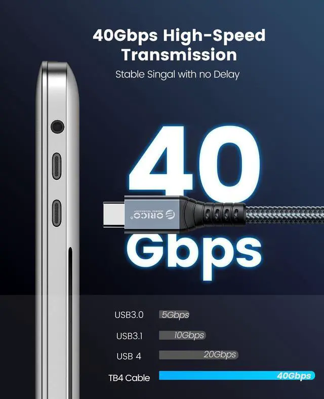 Alt view image 2 of 7 - ORICO 40Gbps USB C Cable 1ft. for Thunderbolt 4, PD100W Dual Fast Charge, 40Gbps Data Transfer HD 8K @60Hz Nylon Braided for Macbook