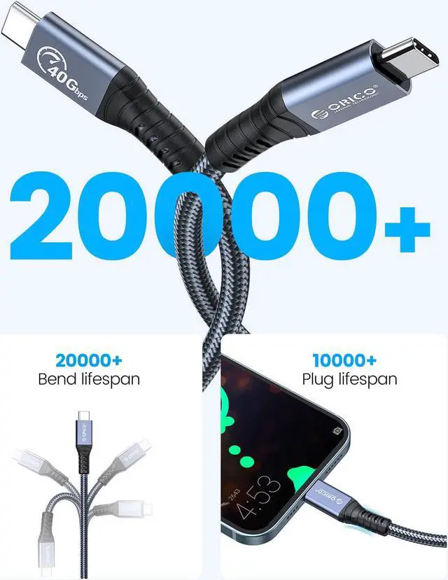 Alt view image 3 of 7 - ORICO 40Gbps USB C Cable 1ft. for Thunderbolt 4, PD100W Dual Fast Charge, 40Gbps Data Transfer HD 8K @60Hz Nylon Braided for Macbook