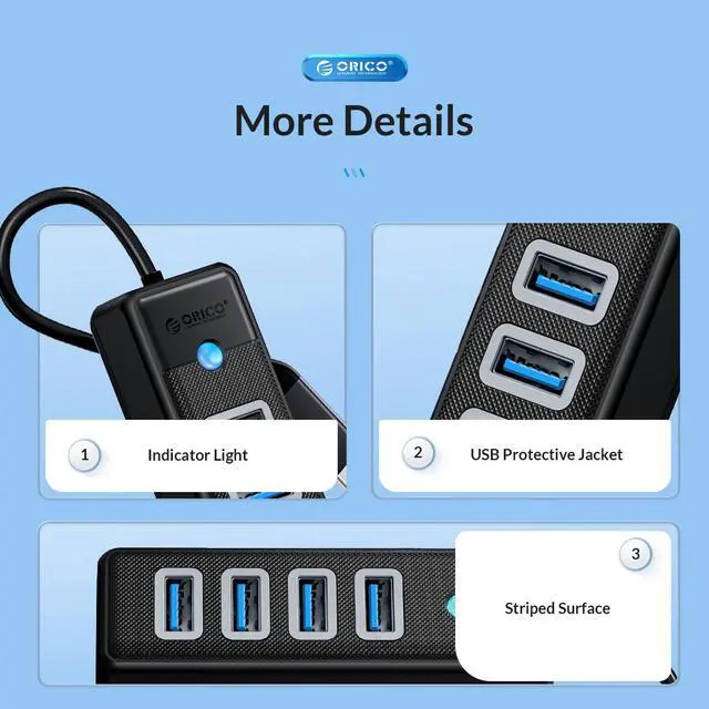 Alt view image 5 of 7 - ORICO USB C Hub 4 Ports USB 3.1 Type C to USB 3.0 Hub Adapter, USB Splitter for Laptop, Mobile Phone, Tablet with 0.5ft Cable, Compatible with Mac OS 10.X and Above, Linux, Android-Pink