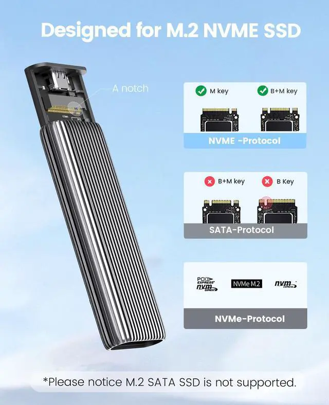 Alt view image 5 of 7 - ORICO Aluminium NVMe M.2 SSD Enclosure USB3.2 Gen2 10Gbps USB C Support Up to 4TB SSD With C to C/A 2-in-1 Cable With Built-in Cooling Vest