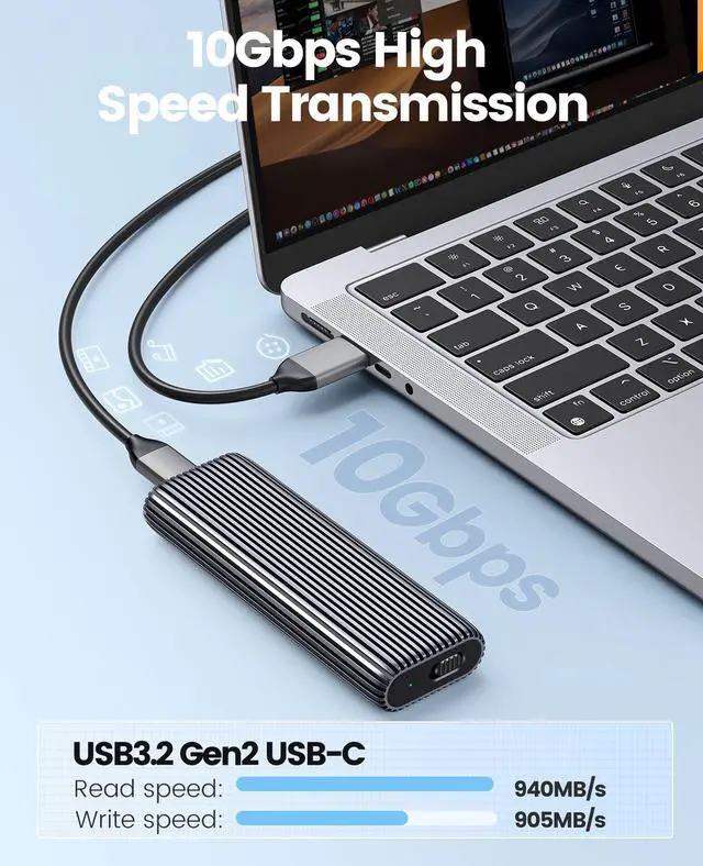 Alt view image 2 of 7 - ORICO Aluminium NVMe M.2 SSD Enclosure USB3.2 Gen2 10Gbps USB C Support Up to 4TB SSD With C to C/A 2-in-1 Cable With Built-in Cooling Vest