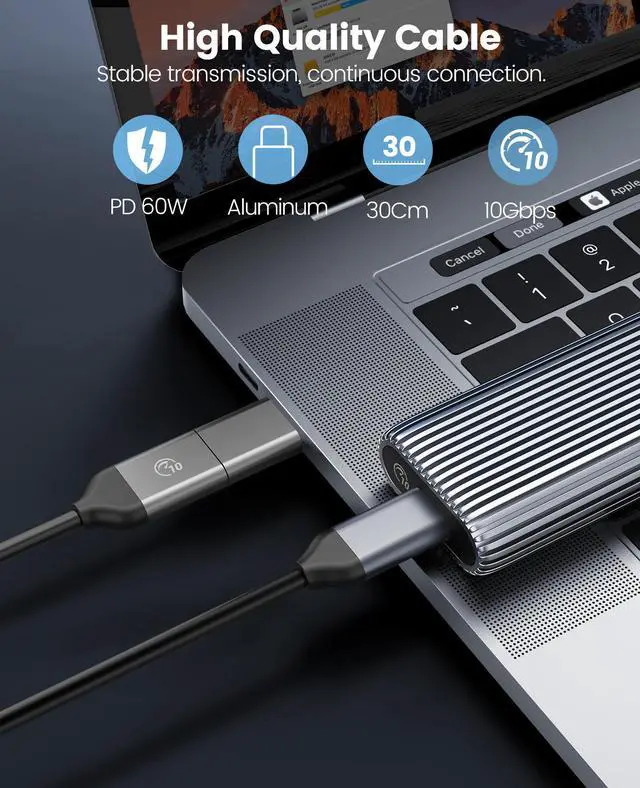 Alt view image 3 of 7 - ORICO Aluminium NVMe M.2 SSD Enclosure USB3.2 Gen2 10Gbps USB C Support Up to 4TB SSD With C to C/A 2-in-1 Cable With Built-in Cooling Vest
