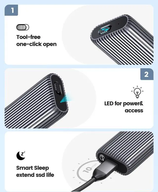 Alt view image 6 of 7 - ORICO Aluminium SATA M.2 SSD Enclosure USB3.2 Gen2 6Gbps USB C Support Up to 4TB SSD Tool-Free Type-C External SSD Adapter with B Key/B+M Key