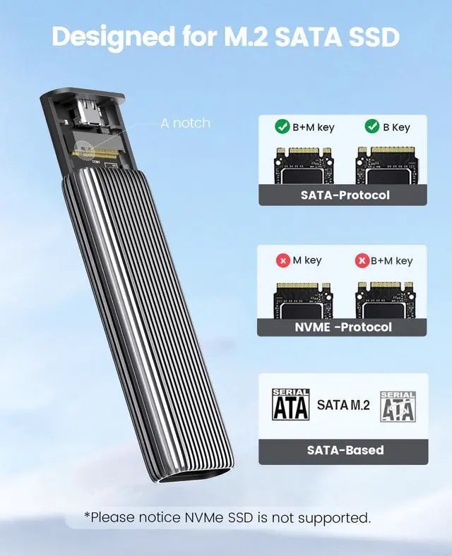 Alt view image 3 of 7 - ORICO Aluminium SATA M.2 SSD Enclosure USB3.2 Gen2 6Gbps USB C Support Up to 4TB SSD Tool-Free Type-C External SSD Adapter with B Key/B+M Key