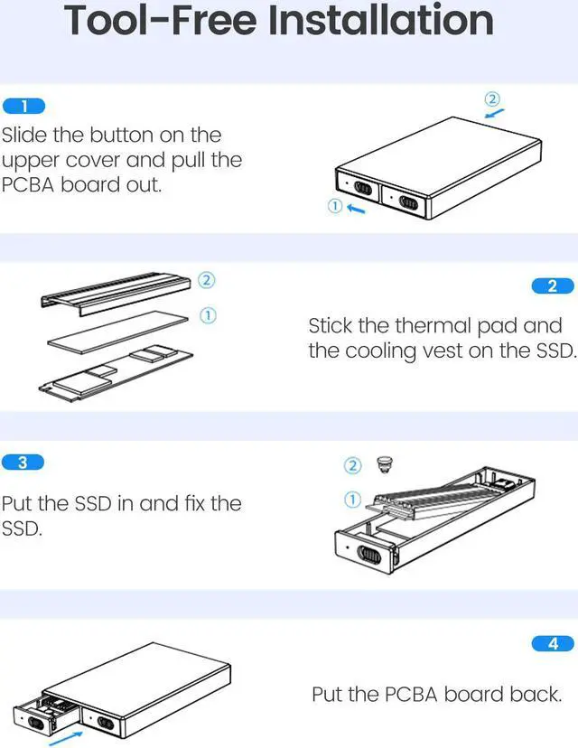 Alt view image 5 of 7 - ORICO M.2 NVMe SSD Dual Bay SSD Enclosure Aluminum USB3.2 Gen2 10Gbps Dual NVMe SSD With USB C to C/A 2-in-1 Cable Tool-Free Installation M.2 Reader Support Trim UASP up to 2x4TB