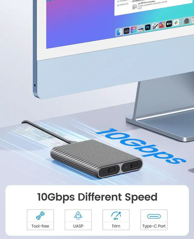 Alt view image 2 of 7 - ORICO M.2 NVMe SSD Dual Bay SSD Enclosure Aluminum USB3.2 Gen2 10Gbps Dual NVMe SSD With USB C to C/A 2-in-1 Cable Tool-Free Installation M.2 Reader Support Trim UASP up to 2x4TB