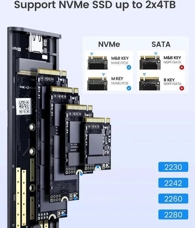 Alt view image 6 of 7 - ORICO M.2 NVMe SSD Dual Bay SSD Enclosure Aluminum USB3.2 Gen2 10Gbps Dual NVMe SSD With USB C to C/A 2-in-1 Cable Tool-Free Installation M.2 Reader Support Trim UASP up to 2x4TB