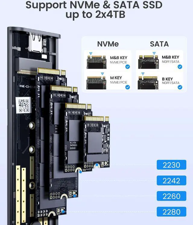 Alt view image 6 of 7 - ORICO Dual M.2 NVMe SATA SSD Enclosure, USB C to M2 Adapter for M Key PCIe & B+M Key 2230/2242/2260/2280 M.2 SSDs,Tool-Free Installation Aluminum M.2 Reader Support Trim and UASP up to 2x4TB