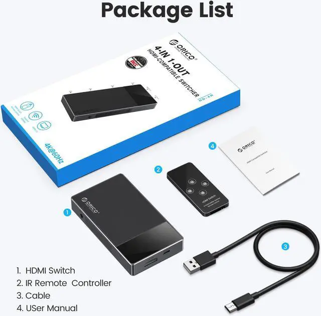 Alt view image 6 of 7 - ORICO HDMI Switch 4K HDR 4 Ports, HDMI 2.0 Switcher, 4 in 1 Out HDMI Switch Selector Box with IR Remote Control and Power Cable, Support 4K@60Hz, 18Gbps, HDCP 2.2 & 3D for Xbox PS4 Roku HDTV Monitor