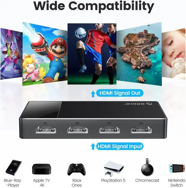 Alt view image 3 of 7 - ORICO HDMI Switch 4K HDR 4 Ports, HDMI 2.0 Switcher, 4 in 1 Out HDMI Switch Selector Box with IR Remote Control and Power Cable, Support 4K@60Hz, 18Gbps, HDCP 2.2 & 3D for Xbox PS4 Roku HDTV Monitor