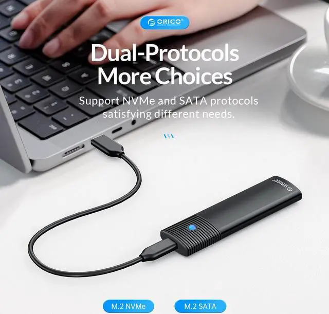 Alt view image 3 of 7 - ORICO M.2 NVMe and SATA SSD Enclosure USB 3.2 Gen 2 Protocols 10Gbps NVMe, 5Gbps SATA PCIe M-Key (B+M Key) Built-in Metal Heat Sink with C to A/C 2-in-1 Cable Blue