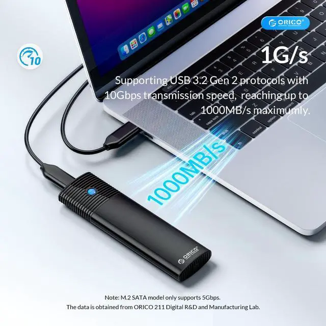 Alt view image 4 of 7 - ORICO M.2 NVMe and SATA SSD Enclosure USB 3.2 Gen 2 Protocols 10Gbps NVMe, 5Gbps SATA PCIe M-Key (B+M Key) Built-in Metal Heat Sink with C to A/C 2-in-1 Cable Blue