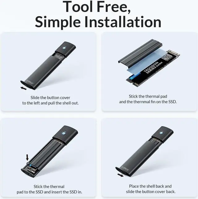 Alt view image 7 of 7 - ORICO M.2 NVMe and SATA SSD Enclosure USB 3.2 Gen 2 Protocols 10Gbps NVMe, 5Gbps SATA PCIe M-Key (B+M Key) Built-in Metal Heat Sink with C to A/C 2-in-1 Cable Blue