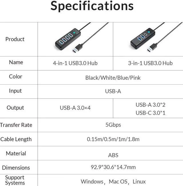 Alt view image 7 of 7 - ORICO USB 3.0 Type C HUB 3 Port 5Gbps High Speed Mini Splitter Portable OTG Adapter For Desk PC Computer Accessories Pink USB A 15cm