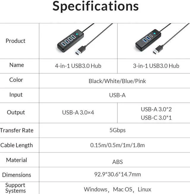 Alt view image 6 of 7 - ORICO USB 3.0 Type C HUB 3 Port 5Gbps High Speed Mini Splitter Portable OTG Adapter For Desk PC Computer Accessories Blue USB A 15cm