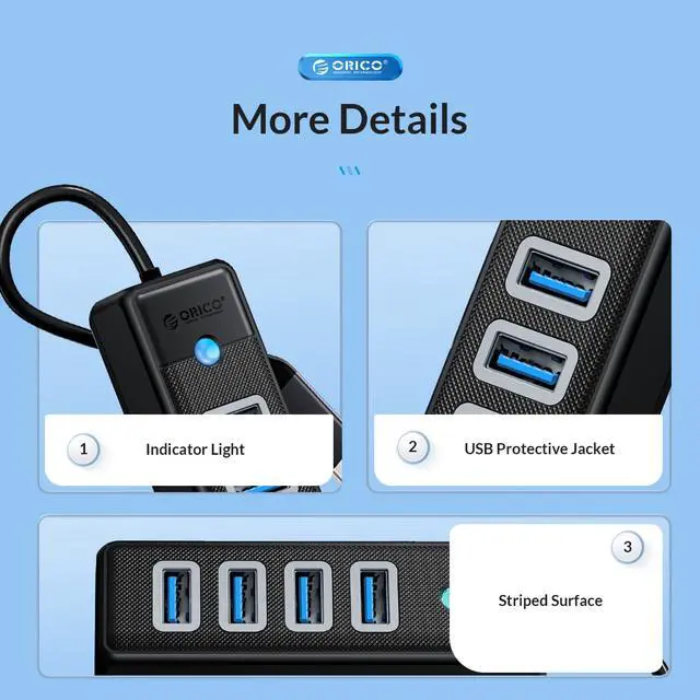 Alt view image 7 of 7 - ORICO USB C Type C HUB 3 Port 5Gbps High Speed Mini Splitter Portable OTG Adapter For Desk PC Computer Accessories Black USB C 50cm