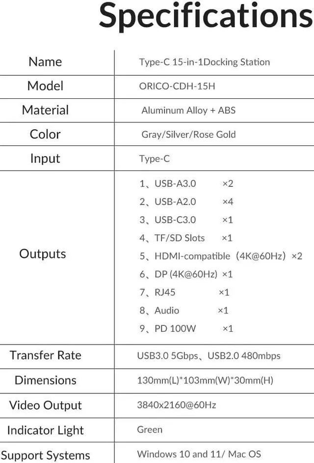 Alt view image 7 of 7 - ORICO USB C Docking Station 15in1 Type C to Multi HDMI-Compatible-compatible 4K60Hz PD100W USB3.0 Docking Station for MacBook Pro RJ45 OTG SD Card Reader HUB Gold
