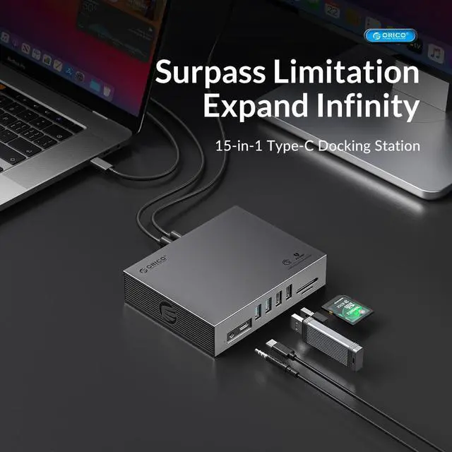 Alt view image 2 of 7 - ORICO USB C Docking Station 15in1 Type C to Multi HDMI-Compatible-compatible 4K60Hz PD100W USB3.0 Docking Station for MacBook Pro RJ45 OTG SD Card Reader HUB Gold