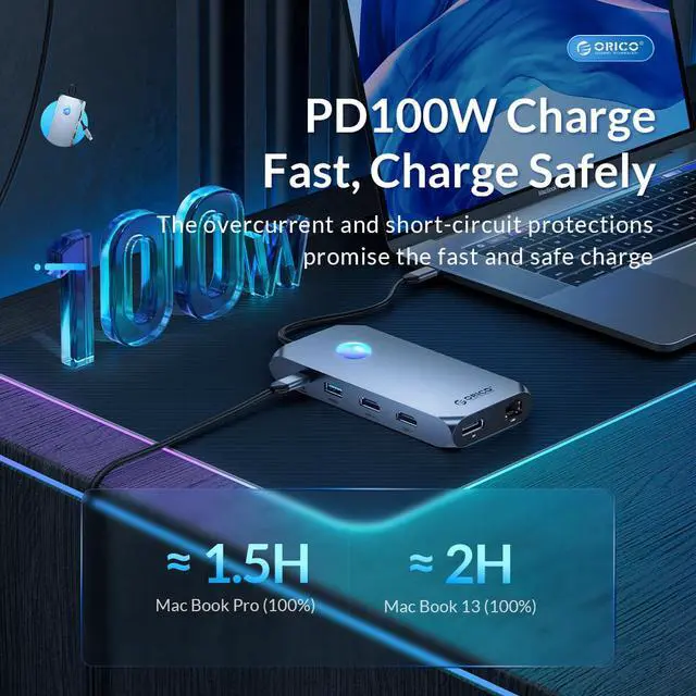 Alt view image 5 of 7 - ORICO USB C 12in1Docking Station With RGB, USB C to 4K30Hz Dual HDMI-Compatible-compatible, VGA  1080P , 100W PD Hub SD/TF 3.5mm for Laptop Macbook Pro