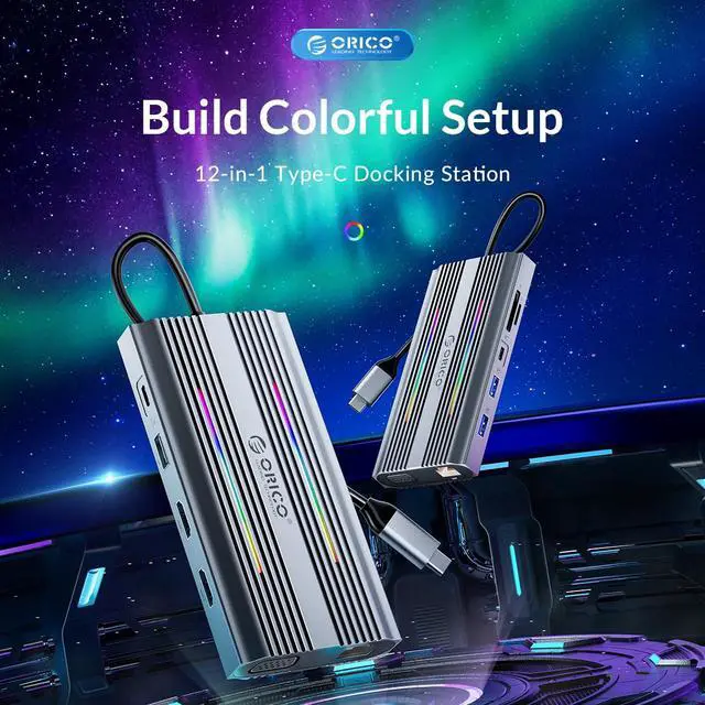 Alt view image 2 of 7 - ORICO 12in1 USB C Dock,USB C Type C to HDMI-Compatible-compatible 4K30Hz, VGA 1080P, PD100W USB3.0 RJ45 SD Card Reader Docking Station for MacBook Pro Gamer