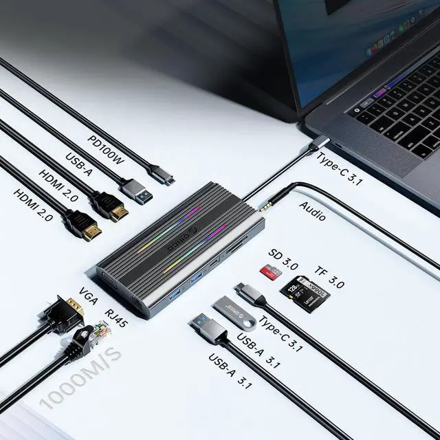 Alt view image 3 of 7 - ORICO 12in1 USB C Dock,USB C Type C to HDMI-Compatible-compatible 4K30Hz, VGA 1080P, PD100W USB3.0 RJ45 SD Card Reader Docking Station for MacBook Pro Gamer