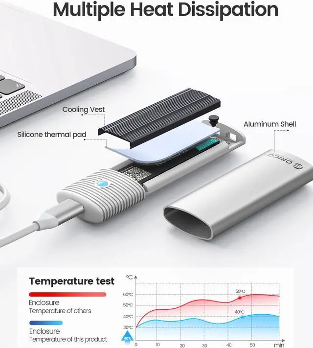 Alt view image 3 of 7 - ORICO M.2 NVMe SSD Enclosure Support USB 3.2 Gen 2 Protocols (10Gbps) M.2 Solid State Drive External Adapter Case Tool Free Built-in Metal Heat Sink - Silver