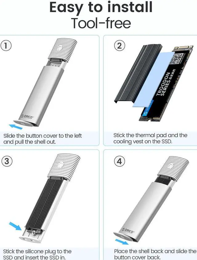 Alt view image 5 of 7 - ORICO M.2 NVMe SSD Enclosure Support USB 3.2 Gen 2 Protocols (10Gbps) M.2 Solid State Drive External Adapter Case Tool Free Built-in Metal Heat Sink - Silver