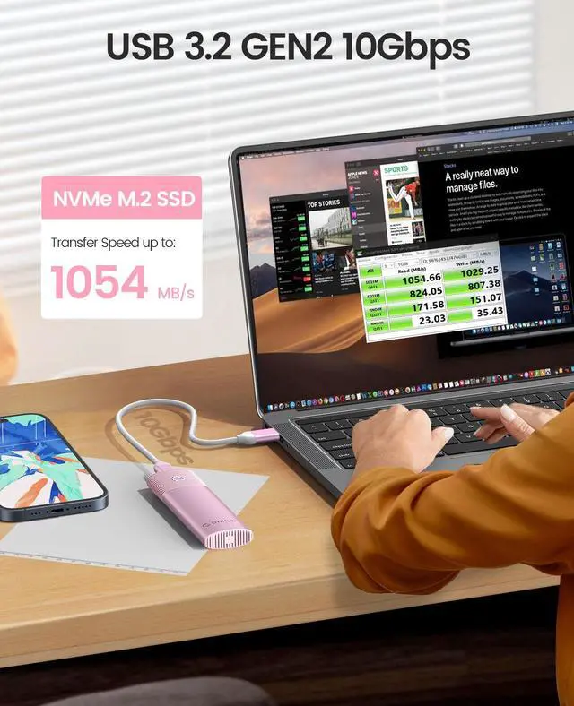 Alt view image 2 of 7 - ORICO M.2 NVMe SSD Enclosure Support USB 3.2 Gen 2 Protocols (10Gbps) M.2 Solid State Drive External Adapter Case Tool Free Built-in Metal Heat Sink - Pink