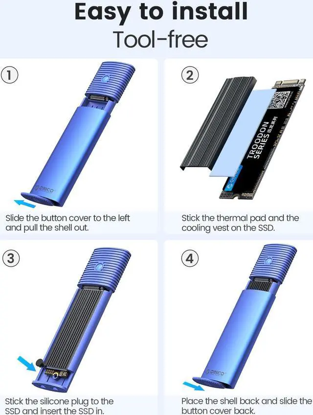 Alt view image 5 of 7 - ORICO M.2 NVMe SSD Enclosure Support USB 3.2 Gen 2 Protocols (10Gbps) M.2 Solid State Drive External Adapter Case Tool Free Built-in Metal Heat Sink - Blue