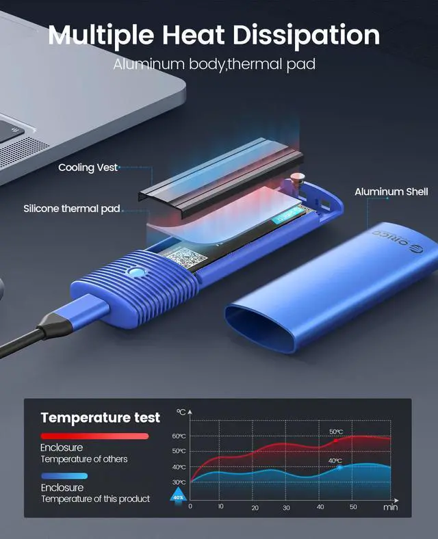 Alt view image 3 of 7 - ORICO M.2 NVMe SSD Enclosure Support USB 3.2 Gen 2 Protocols (10Gbps) M.2 Solid State Drive External Adapter Case Tool Free Built-in Metal Heat Sink - Blue