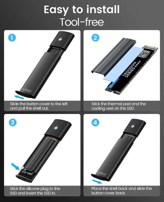 Alt view image 6 of 7 - ORICO Aluminum M.2 NVMe SSD Enclosure, Tool-Free 10Gbps USB C Adapter, USB 3.2 M.2 NVMe Reader, External SSD Case Thunderbolt 3 Compatible, Supports 4TB 2230/2242/2260/2280 PCIe M-Key SSDs-PWM2-BK