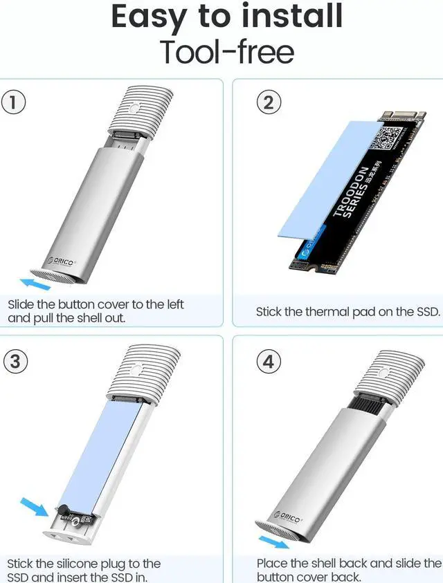 Alt view image 5 of 7 - ORICO M.2 SATA SSD Enclosure Tool Free 5Gbps Support M.2 SATA PCIe B-Key / B+M Key SSD for Size 2230/2242/2260/2280 with USB A to C Cable - Silver