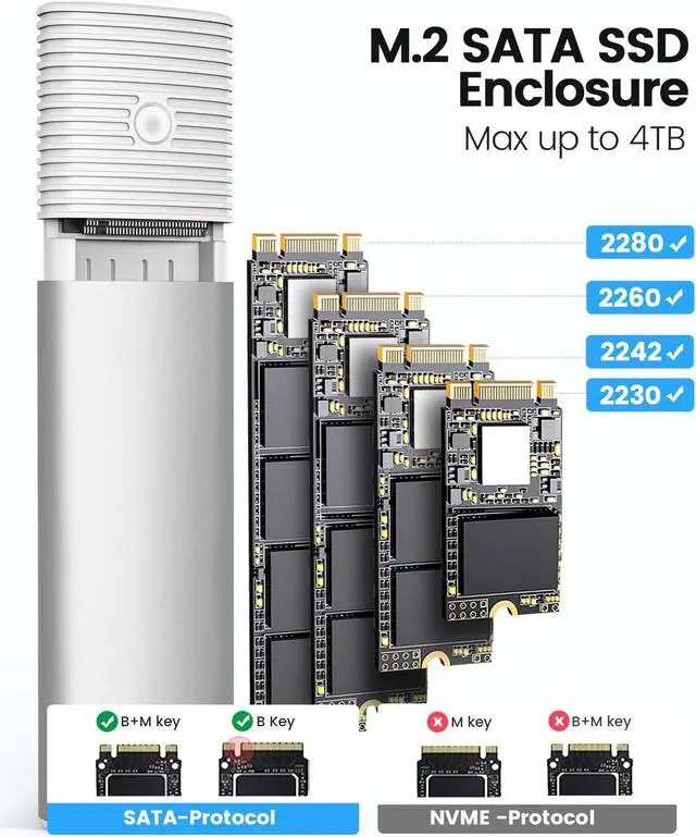 Alt view image 4 of 7 - ORICO M.2 SATA SSD Enclosure Tool Free 5Gbps Support M.2 SATA PCIe B-Key / B+M Key SSD for Size 2230/2242/2260/2280 with USB A to C Cable - Silver