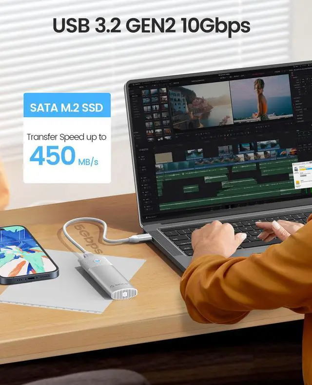Alt view image 2 of 7 - ORICO M.2 SATA SSD Enclosure Tool Free 5Gbps Support M.2 SATA PCIe B-Key / B+M Key SSD for Size 2230/2242/2260/2280 with USB A to C Cable - Silver