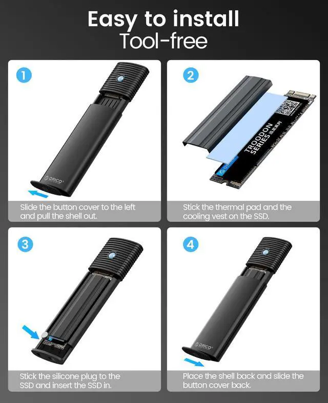 Alt view image 7 of 7 - ORICO Aluminum M.2 NVMe SATA SSD Enclosure Adapter, USB C 3.2 Gen 2 10Gbps NVME, 5Gbps NGFF SATA PCIe M-Key(B+M Key) 2230/2242/2260/2280, External M2 Reader UASP Trim- PWDM2-BK