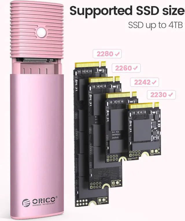 Alt view image 4 of 7 - ORICO M.2 NVMe and SATA SSD Enclosure USB 3.2 Gen 2 Protocols 10Gbps NVMe, 5Gbps SATA PCIe M-Key (B+M Key) Built-in Metal Heat Sink - Pink
