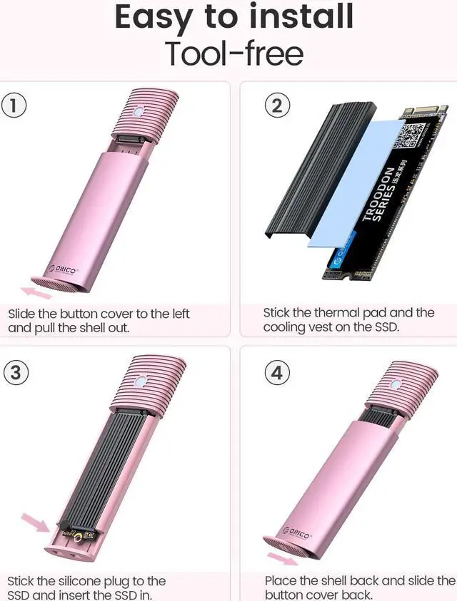 Alt view image 5 of 7 - ORICO M.2 NVMe and SATA SSD Enclosure USB 3.2 Gen 2 Protocols 10Gbps NVMe, 5Gbps SATA PCIe M-Key (B+M Key) Built-in Metal Heat Sink - Pink