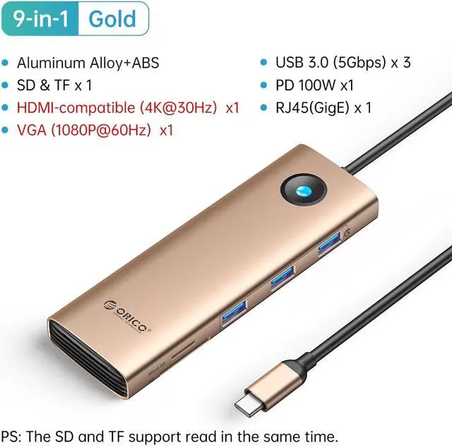 Alt view image 7 of 7 - ORICO USB C Docking Station 9 in 1 USB-C Type C Multiple Adapter with 4K@30Hz HDMI, VGA 1080P@60Hz, PD 100W, SD /TF Card Reader, Ethernet, 3x USB 3.0 Up to 5Gbps, Audio Compatible for Windows and Mac