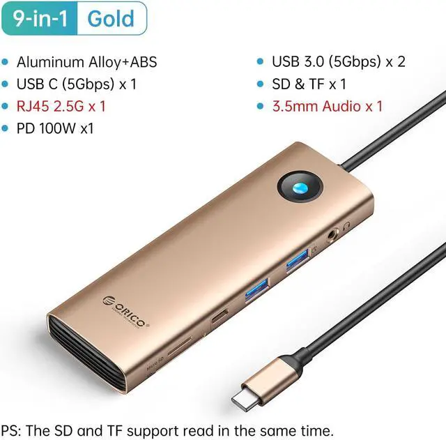 Alt view image 7 of 7 - ORICO USB C Docking Station 9 in 1 USB-C Type C Multiple Adapter with 4K@60Hz HDMI-Compatible, PD 100W, SD /TF Card Reader, RJ45 2.5G, 2x USB 3.0 Up to 5Gbps, Audio Compatible for Windows and Mac Gold